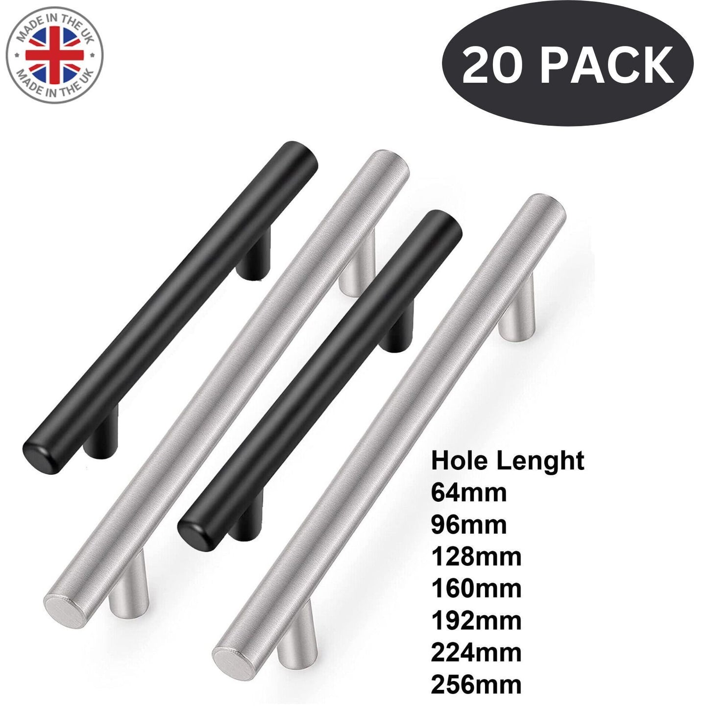 20 x Brushed Steel Silver or Black T Bar Handles Kitchen Cabinet Door Cupboard