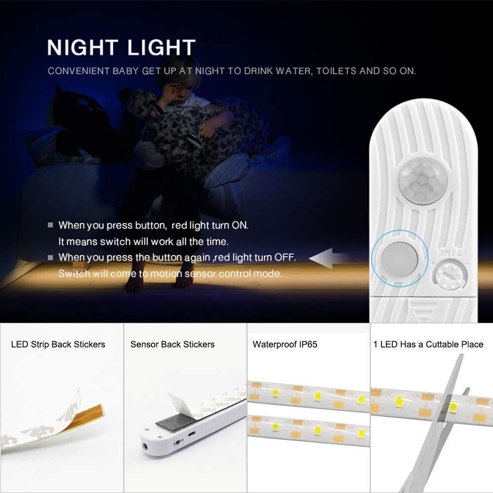 PIR Motion Sensor LED Strip Light Battery Powered Stair Cabinet Closet Home Lamp