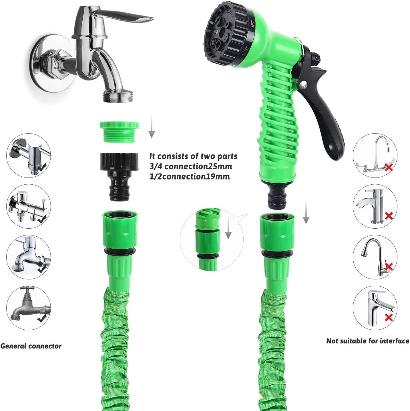 Heavy Duty Expandable Garden Hose Flexiable Pipe 7 Function Spray Gun Water Pipe