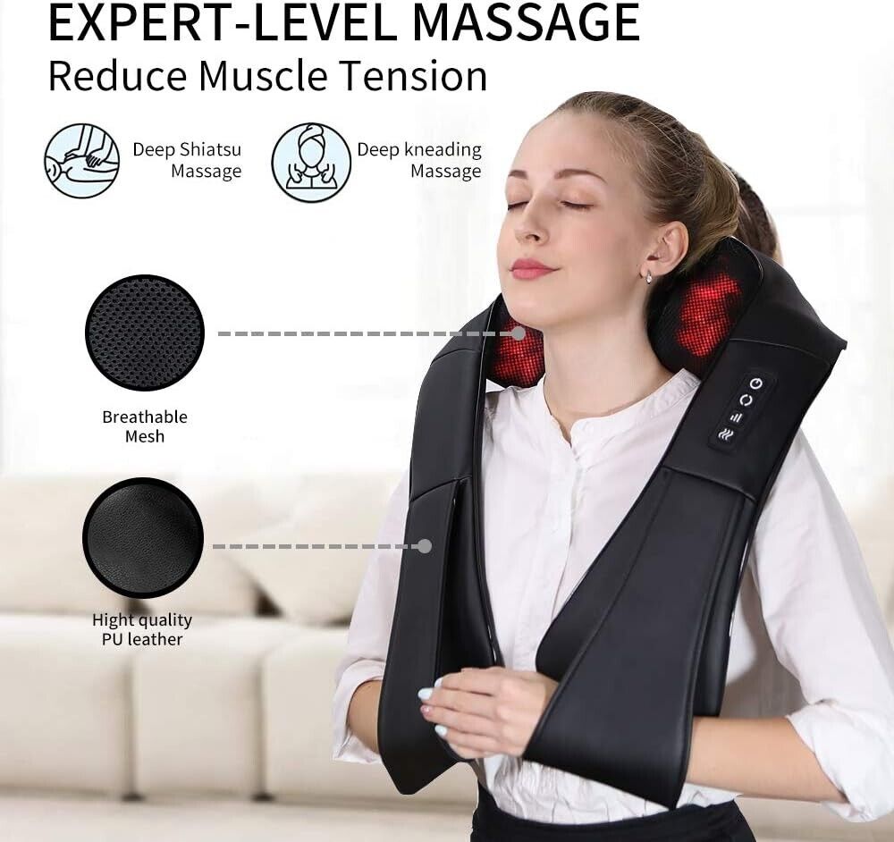 Electric Neck massager With Heat Shoulder Back Shiatsu Kneading Home Car Office